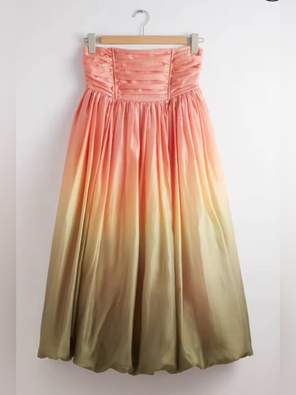 & Other Stories Strapless Ombre Pink to Olive Green Ball Gown Midi Dress